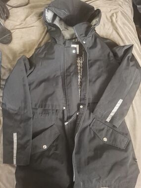 Nautica Black Hooded Raincoat with Reflective Sleeve Accents